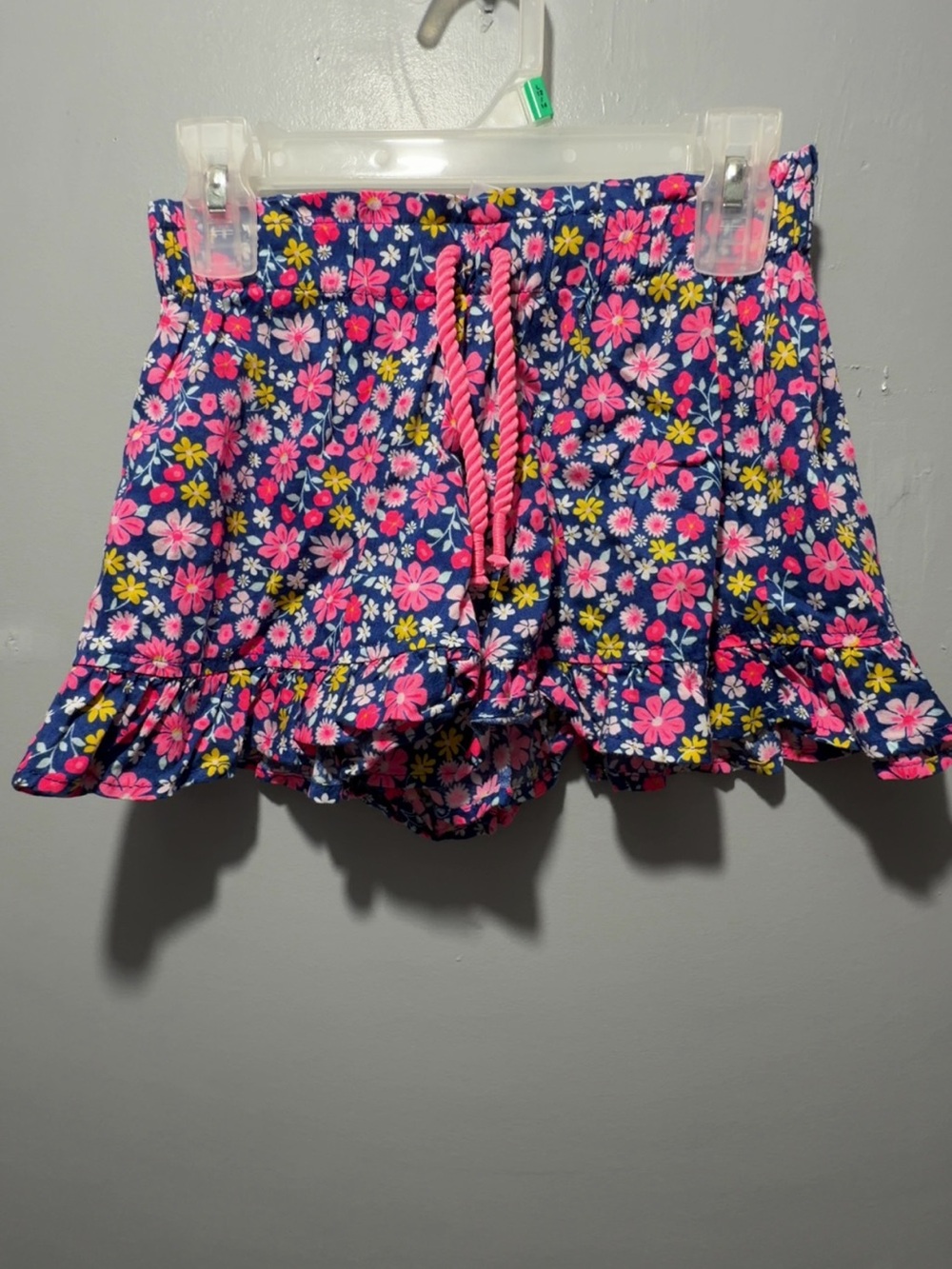 Girls' Navy Floral Ruffle Shorts with Pink Drawstring